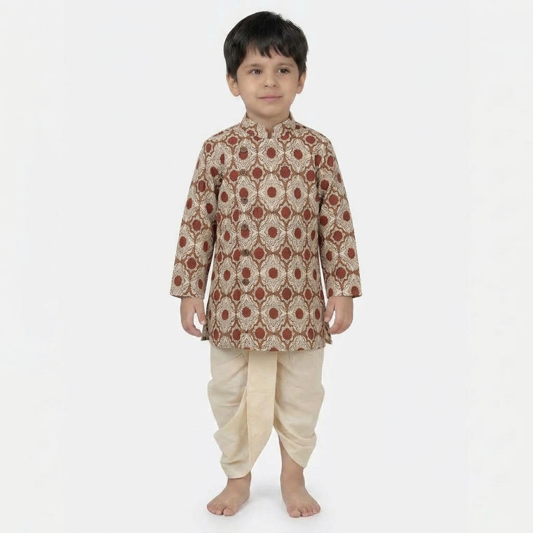 Samir x Tyohaar | Kurta & Dhoti Pant Set in Red Dahlia Block Print Cotton & Linen
