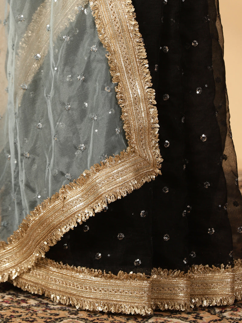 Blue & Black Organza Sequin Butta Saree With Designer Embroidered Lace