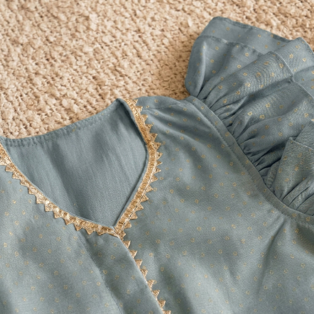 Timtim x Tyohaar | Blue Green & Royal Navy Chandheri-Brocade Ruffle Sleeve Lehenga Set