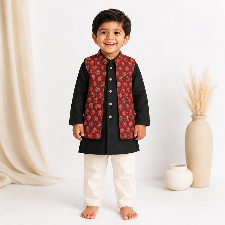 Ambi x Tyohaar | Kurta Pant & Jacket Set in Red Mango Cotton & Linen