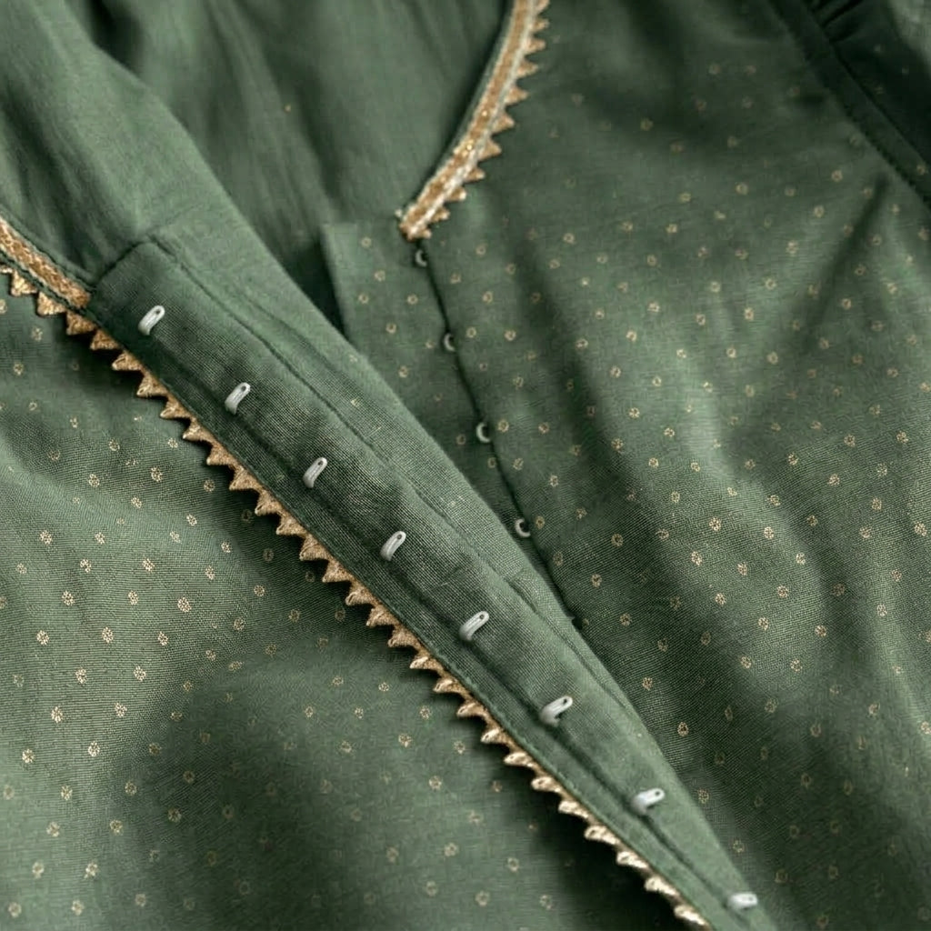 Timtim x Tyohaar | Green Chandheri-Brocade Ruffle Sleeve Lehenga Set