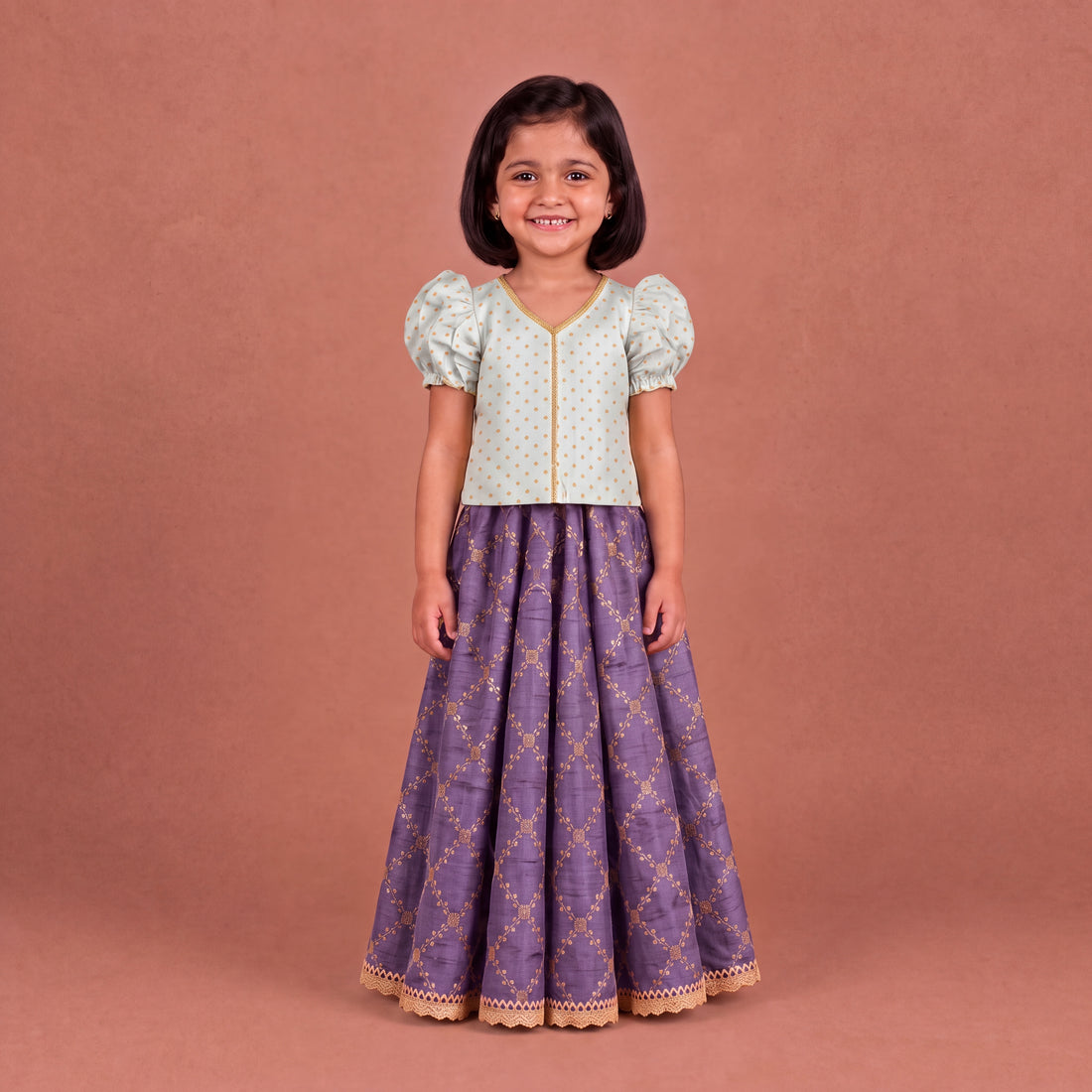 Timtim x Tyohaar | White & Moonlight Lavender Chandheri-Brocade Ruffle Sleeve Lehenga Set