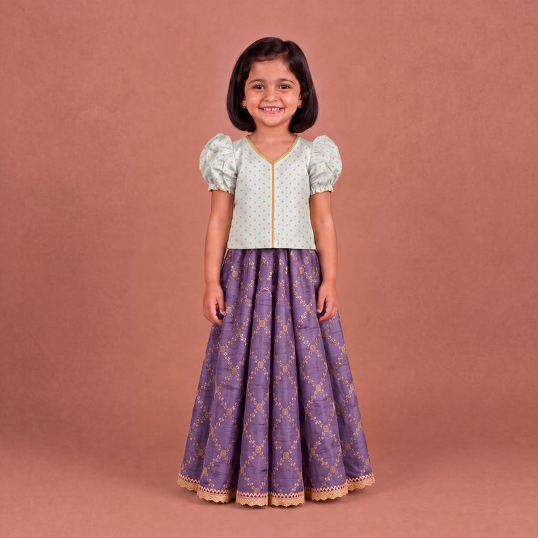 Timtim x Tyohaar | White & Moonlight Lavender Chandheri-Brocade Ruffle Sleeve Lehenga Set