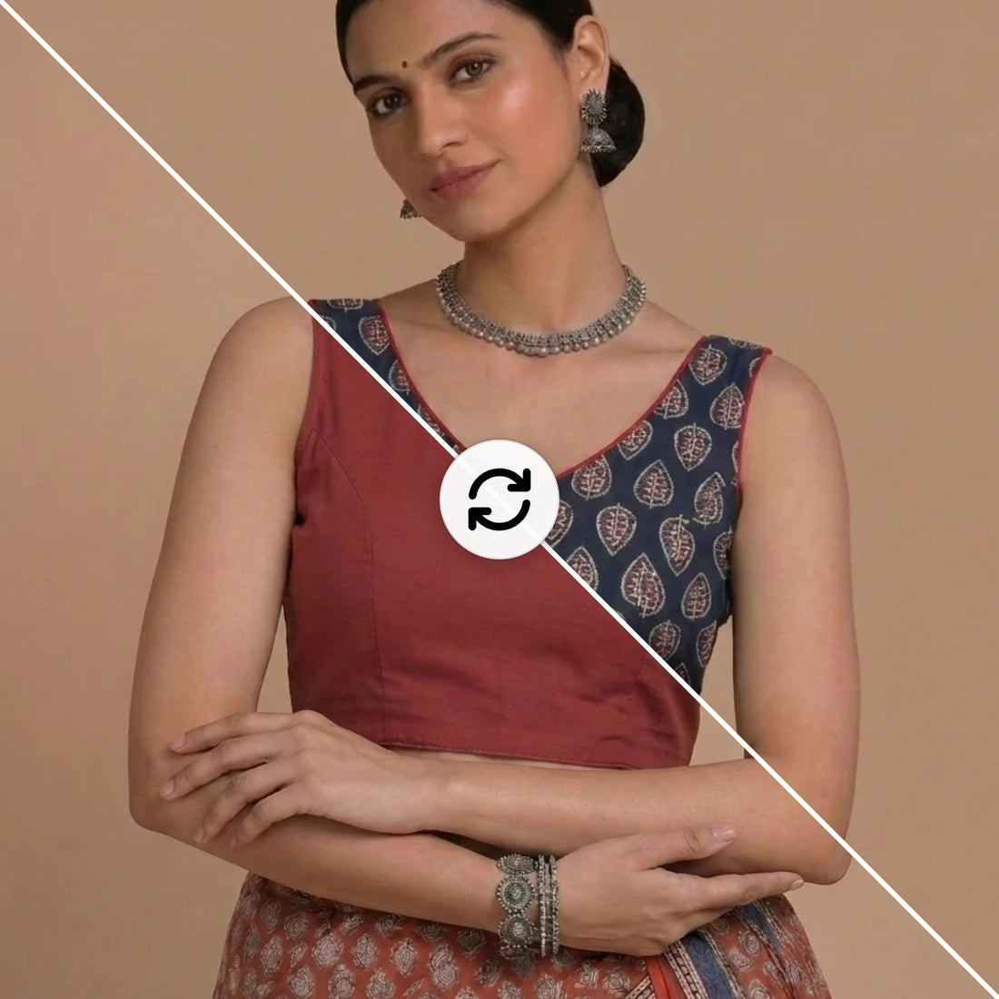 Ardha | Duet Reversible Blockprinted Indigo Leaf & Red Solid Cotton CinchFit™ Saree Blouse — split view