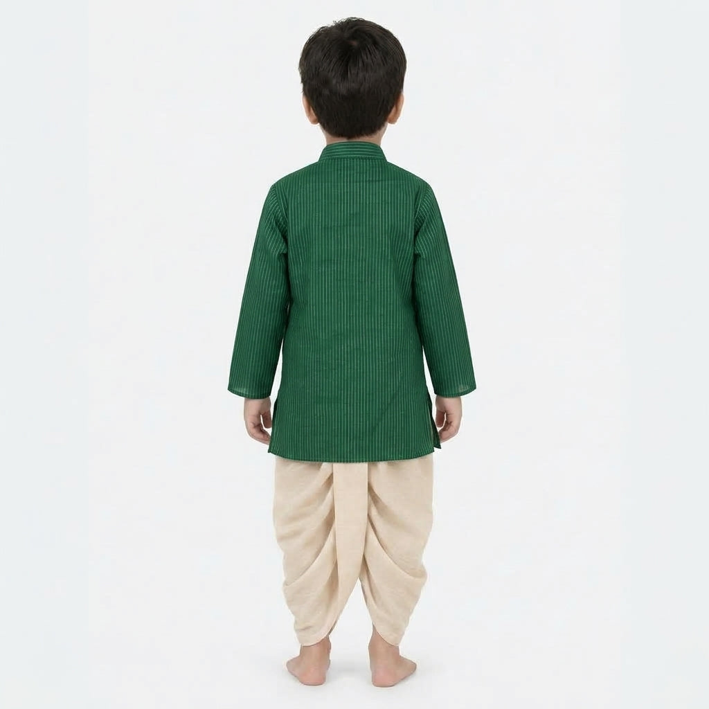 Kairav x Tyohaar | Kurta & Dhoti Pant Set in Dark Green Silver Stripe Cotton & Linen