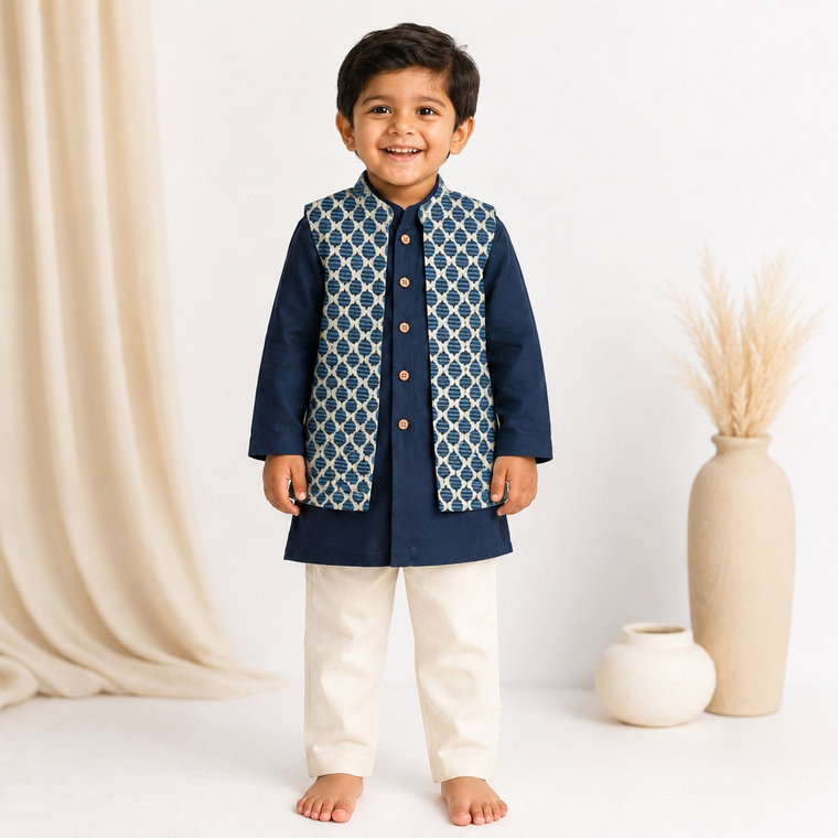 Tarun x Tyohaar | Kurta Pant & Jacket Set in Blue Leaf Cotton & Linen