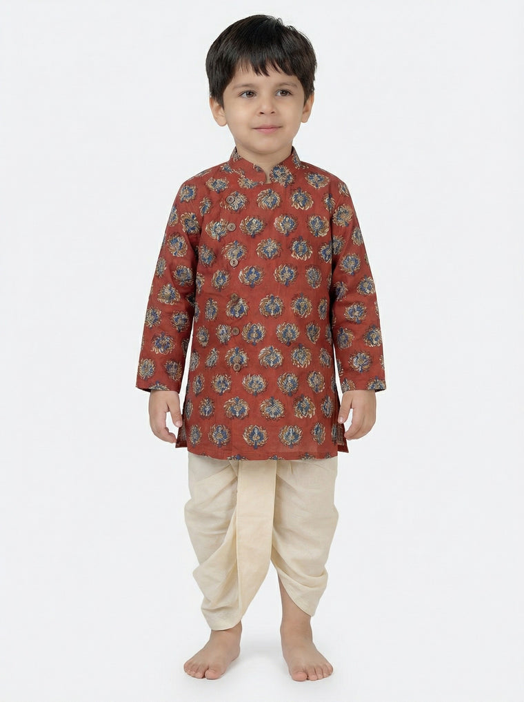 Aarush x Tyohaar | Kurta & Dhoti Pant Set in Crimson Field Block Print Cotton & Linen