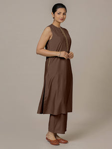 Adah x Rozaana | A Line Kurta in Walnut Brown with Thread Work | Coords or Only Kurta