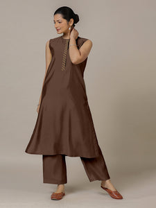 Adah x Rozaana | A Line Kurta in Walnut Brown with Thread Work | Coords or Only Kurta