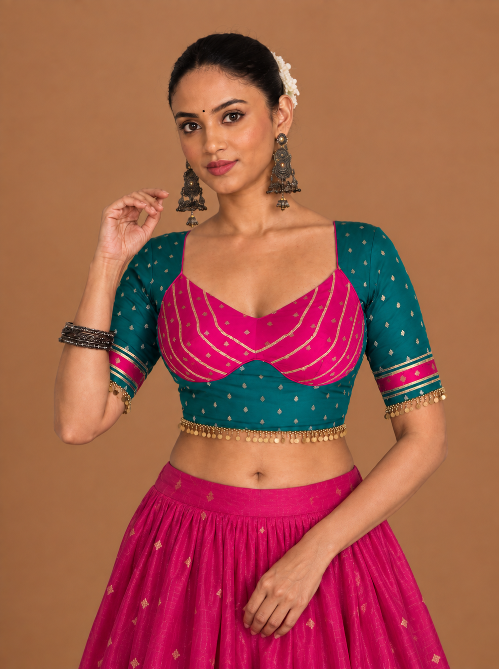 Agni | Elbow Sleeves Rani pink-Teal Viscose SculptFit™ Saree Blouse