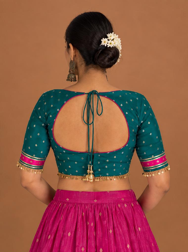 Agni | Elbow Sleeves Rani pink-Teal Viscose SculptFit™ Saree Blouse