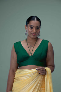  Ahana x Rozaana | Bottle Green Sleeveless FlexiFit™ Saree Blouse with Plunging Neckline and Back Cut Out with Tie-up_1