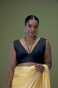  Ahana x Rozaana | Charcoal Black Sleeveless FlexiFit™ Saree Blouse with Plunging Neckline and Back Cut Out with Tie-up_1