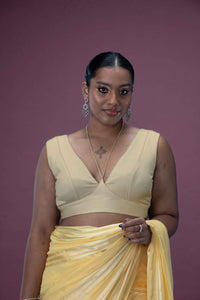  Ahana x Rozaana | Cream Sleeveless FlexiFit™ Saree Blouse with Plunging Neckline and Back Cut Out with Tie-up_1
