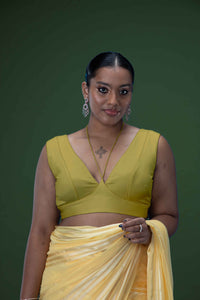  Ahana x Rozaana | Lemon Yellow Sleeveless FlexiFit™ Saree Blouse with Plunging Neckline and Back Cut Out with Tie-up_1