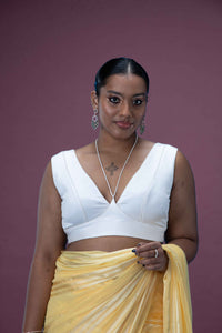  Ahana x Rozaana | Pearl White Sleeveless FlexiFit™ Saree Blouse with Plunging Neckline and Back Cut Out with Tie-up_1