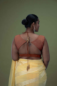  Ahana x Rozaana | Metallic Copper Sleeveless FlexiFit™ Saree Blouse with Plunging Neckline and Back Cut Out with Tie-up_3