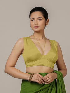 Ahana x Rozaana | Lemon Yellow Sleeveless FlexiFit™ Saree Blouse with Plunging Neckline and Back Cut Out with Tie-up