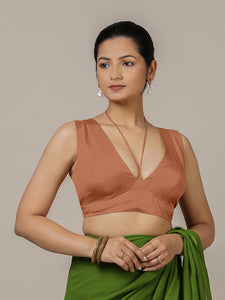 Ahana x Rozaana | Metallic Copper Sleeveless FlexiFit™ Saree Blouse with Plunging Neckline and Back Cut Out with Tie-up