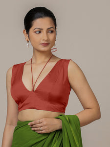 Ahana x Rozaana | Crimson Red Sleeveless FlexiFit™ Saree Blouse with Plunging Neckline and Back Cut Out with Tie-up