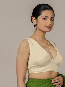 Ahana x Rozaana | Cream Sleeveless FlexiFit™ Saree Blouse with Plunging Neckline and Back Cut Out with Tie-up