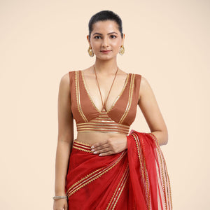  Ahana x Tyohaar | Metallic Copper Sleeveless FlexiFit™ Saree Blouse with Plunging Neckline and Back Cut Out with Tasteful Gota Lace Embellishment_1