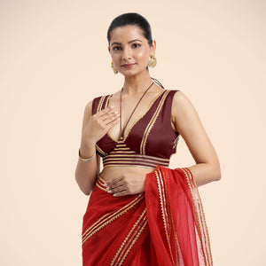  Ahana x Tyohaar | Burgundy Sleeveless FlexiFit™ Saree Blouse with Plunging Neckline and Back Cut Out with Tasteful Gota Lace Embellishment_2