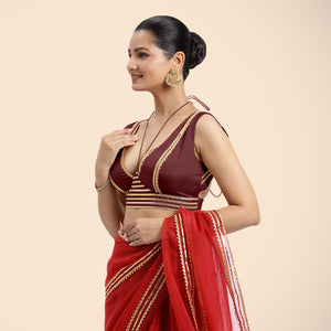  Ahana x Tyohaar | Burgundy Sleeveless FlexiFit™ Saree Blouse with Plunging Neckline and Back Cut Out with Tasteful Gota Lace Embellishment_4