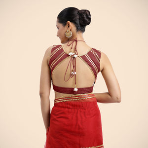  Ahana x Tyohaar | Auburn Red Sleeveless FlexiFit™ Saree Blouse with Plunging Neckline and Back Cut Out with Tasteful Gota Lace Embellishment_5