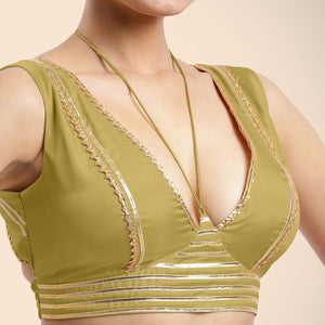  Ahana x Tyohaar | Lemon Yellow Sleeveless FlexiFit™ Saree Blouse with Plunging Neckline and Back Cut Out with Tasteful Gota Lace Embellishment_6