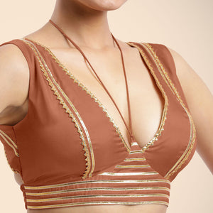  Ahana x Tyohaar | Metallic Copper Sleeveless FlexiFit™ Saree Blouse with Plunging Neckline and Back Cut Out with Tasteful Gota Lace Embellishment_6