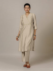 Amal x Rozaana | A Line Kurta in Oyster Grey with Thread Work | Coords or Only Kurta