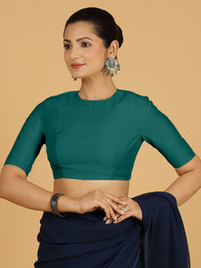 Amisha x Rozaana | Elbow Sleeves Saree Blouse in Peacock Green