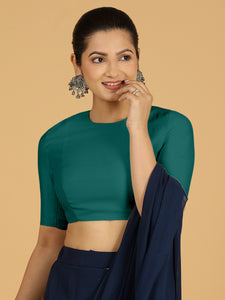 Amisha x Rozaana | Elbow Sleeves Saree Blouse in Peacock Green