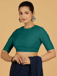 Amisha x Rozaana | Elbow Sleeves Saree Blouse in Peacock Green