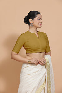 Ananya x Rozaana | Round Neck Khaki Plain Cotton Saree Blouse