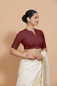 Ananya x Rozaana | Round Neck Royal Maroon Plain Cotton Saree Blouse