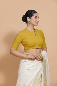 Ananya x Rozaana | Round Neck Sunny Yellow Plain Cotton Saree Blouse