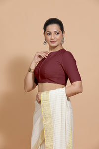 Ananya x Rozaana | Round Neck Royal Maroon Plain Cotton Saree Blouse