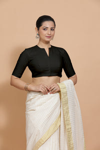 Ananya x Rozaana | Round Neck Black Plain Cotton Saree Blouse