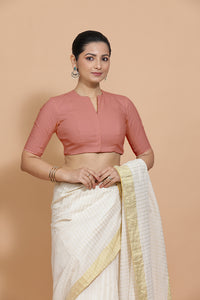 Ananya x Rozaana | Round Neck Soft Peach Plain Cotton Saree Blouse