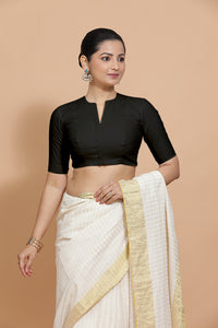 Ananya x Rozaana | Round Neck Black Plain Cotton Saree Blouse