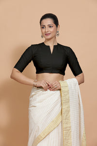 Ananya x Rozaana | Round Neck Black Plain Cotton Saree Blouse