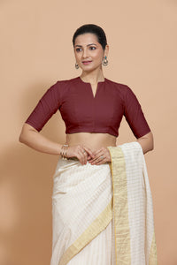 Ananya x Rozaana | Round Neck Royal Maroon Plain Cotton Saree Blouse