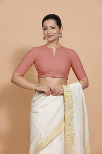 Ananya x Rozaana | Round Neck Soft Peach Plain Cotton Saree Blouse