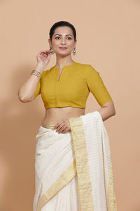 Ananya x Rozaana | Round Neck Sunny Yellow Plain Cotton Saree Blouse