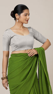 Anisha x Rozaana | Elbow Sleeves Saree Blouse in Silver