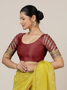 Anisha x Tyohaar | Elbow Sleeves Saree Blouse in Auburn Red