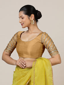 Anisha x Tyohaar | Elbow Sleeves Saree Blouse in Gold