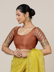 Anisha x Tyohaar | Elbow Sleeves Saree Blouse in Metallic Copper